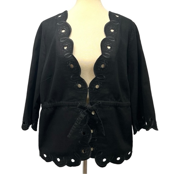 Bob Mackie Jackets & Blazers - Bob Mackie Art To Wear Black Cotton Floral Eyelet Tie Waist Jacket Womens Large